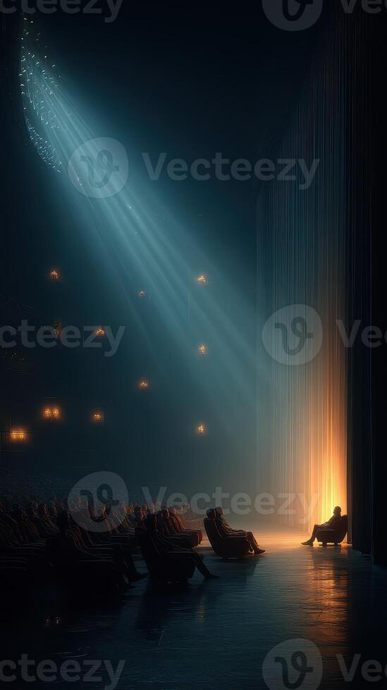 Audience waits attentively in a dimly lit theater with dramatic light illuminating the stage photo