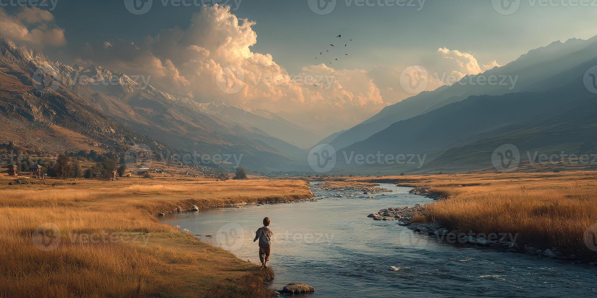 Child explores a riverbank in a picturesque valley surrounded by mountains during sunset photo