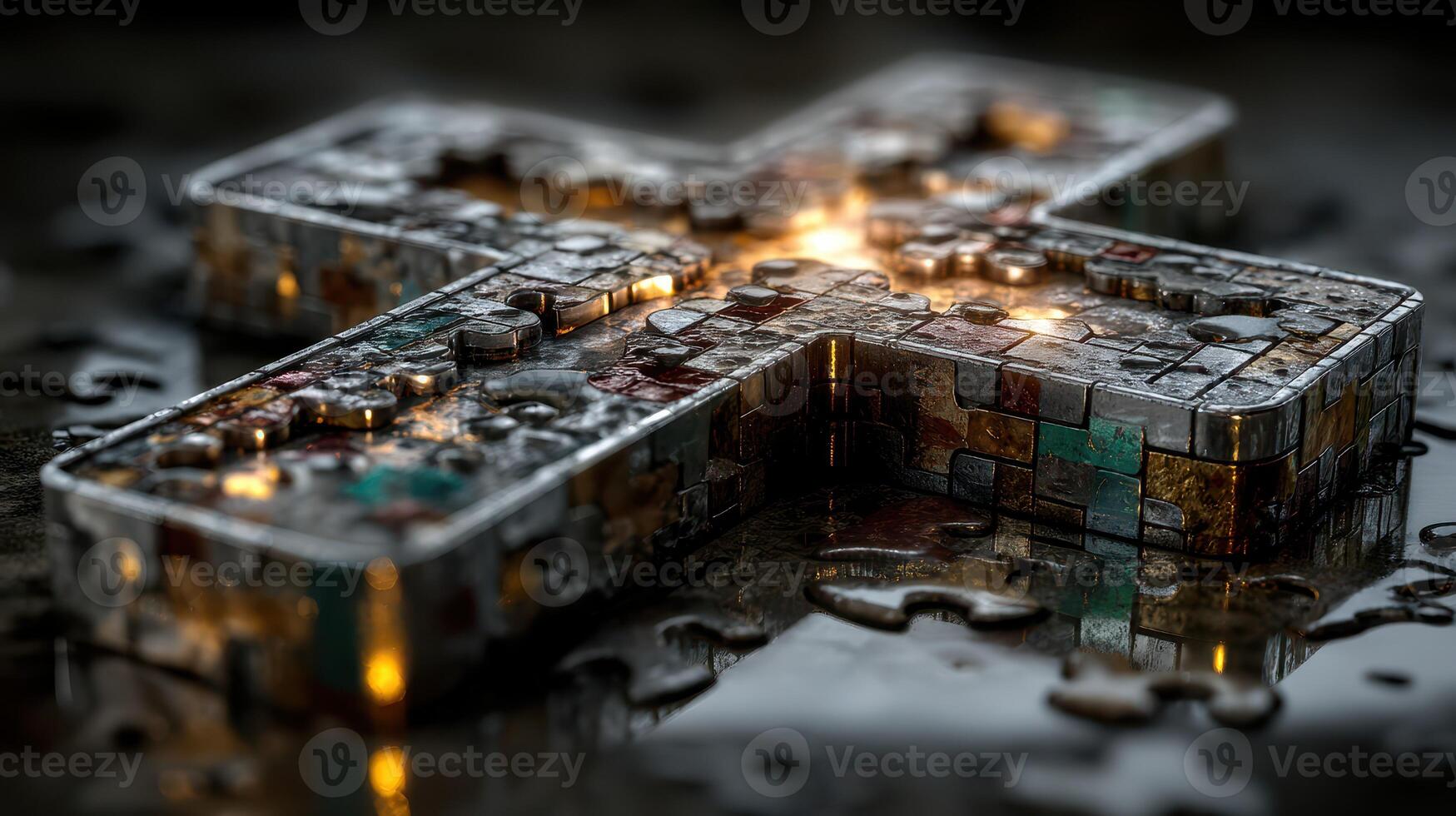 Intricate metallic cross design shines amidst dark, wet surface reflecting light photo