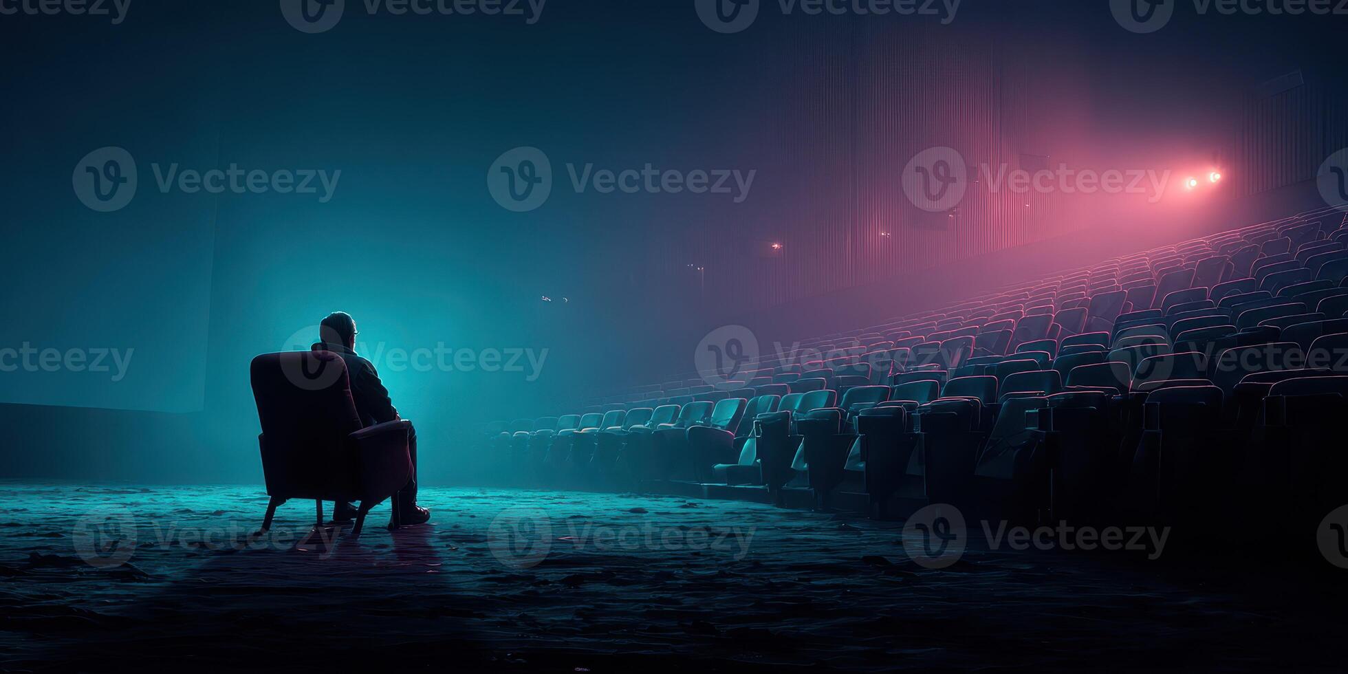 Man sits alone in an empty theater illuminated by vibrant blue and pink lights during a quiet evening photo