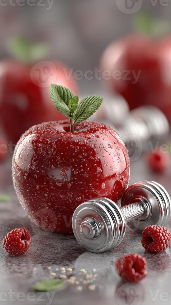 Juicy red apple with water droplets and dumbbell surrounded by raspberries on a gray background photo