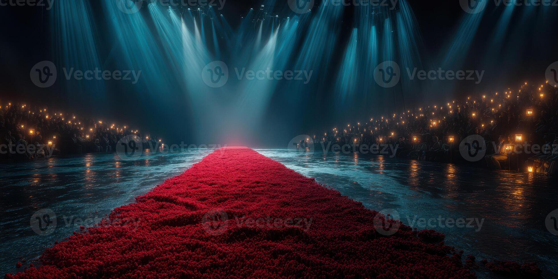 Red carpet runway with flickering lights and an audience during a fashion event at night photo