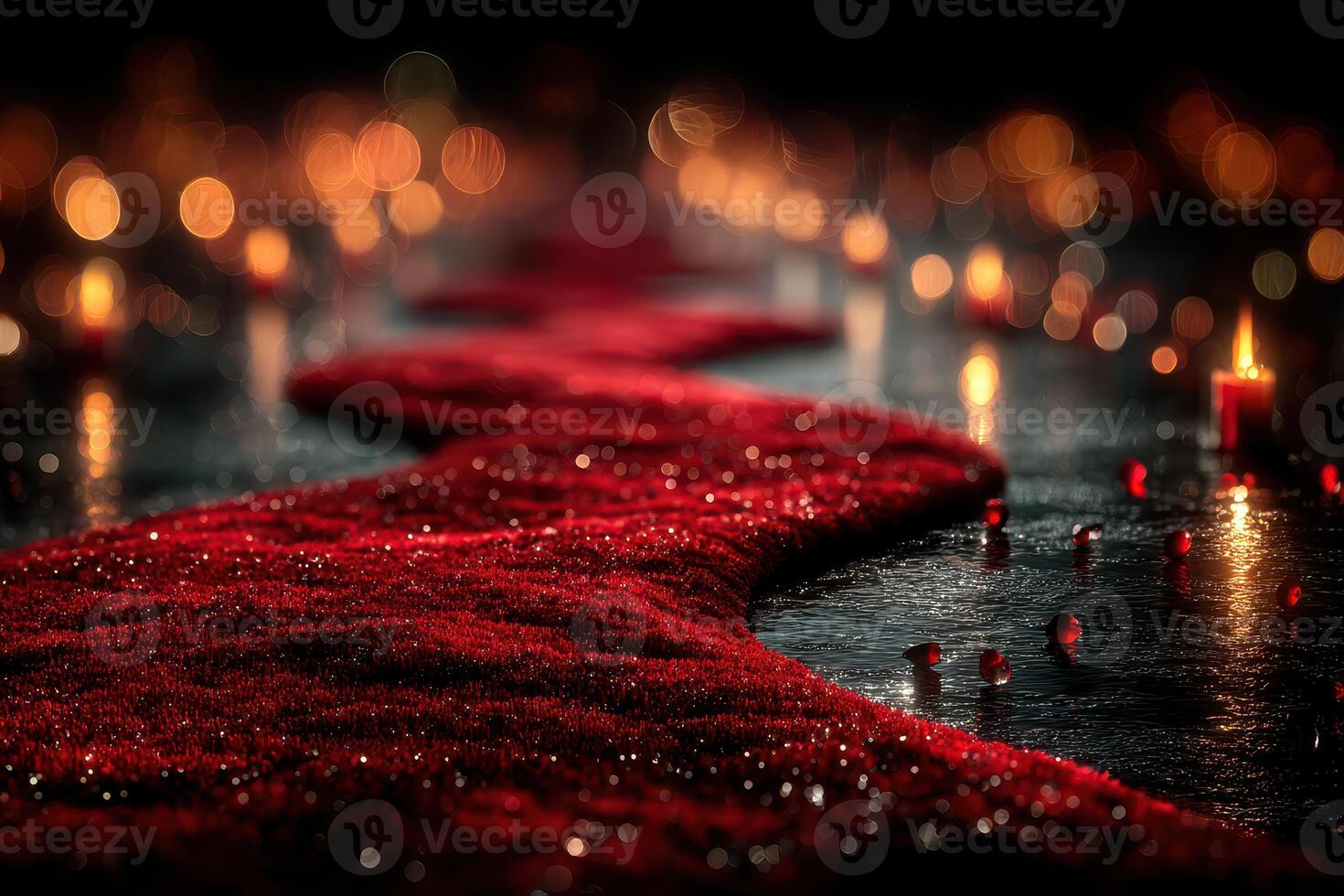 Romantic pathway lined with glowing candles and red fabric during an evening celebration for love photo