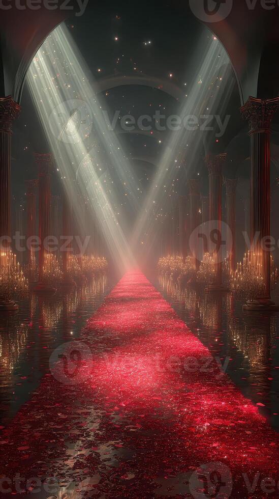 Elegant hall adorned with red carpet and candlelight under shimmering beams of light at an evening event photo