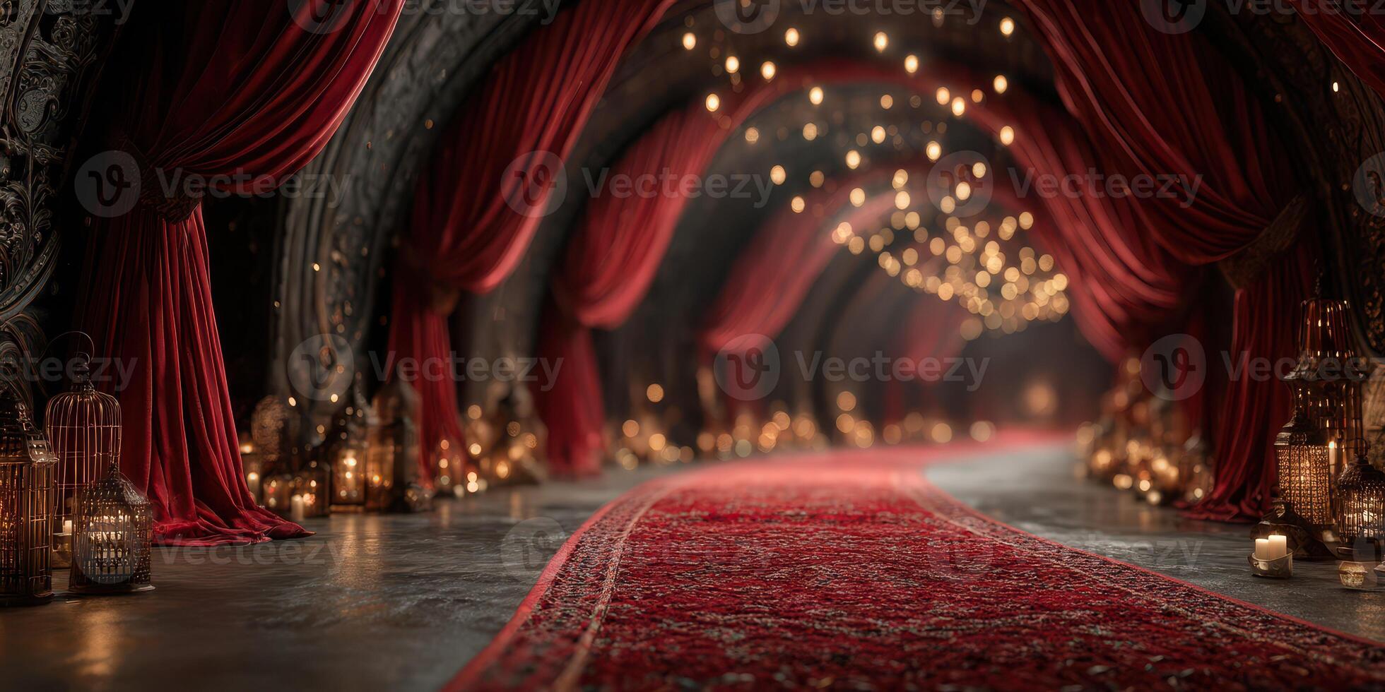Elegant corridor adorned with red curtains and soft lighting creating a magical atmosphere photo