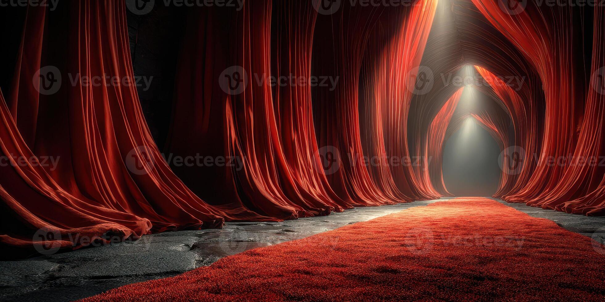 Dramatic red velvet curtains create a stunning corridor with a red carpet leading to soft light in a mysterious location photo