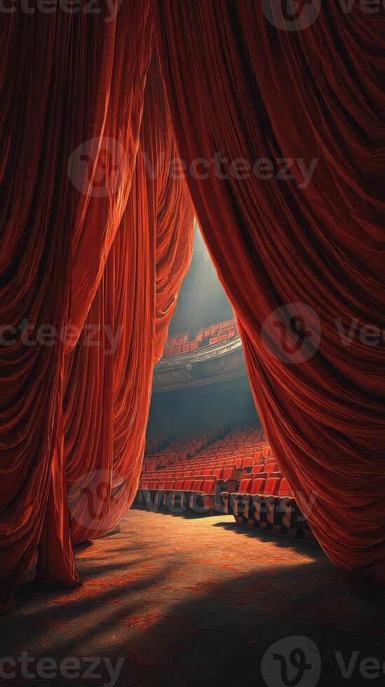 Majestic red velvet curtains open to reveal an empty theater stage bathed in soft, warm light during an evening performance photo