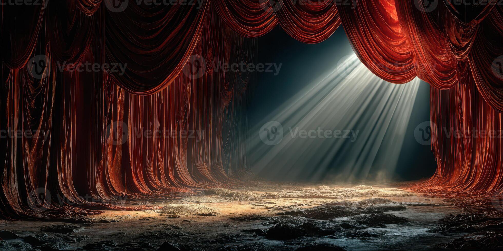 Dramatic stage with red curtains and spotlight illuminating an empty theater at dusk photo
