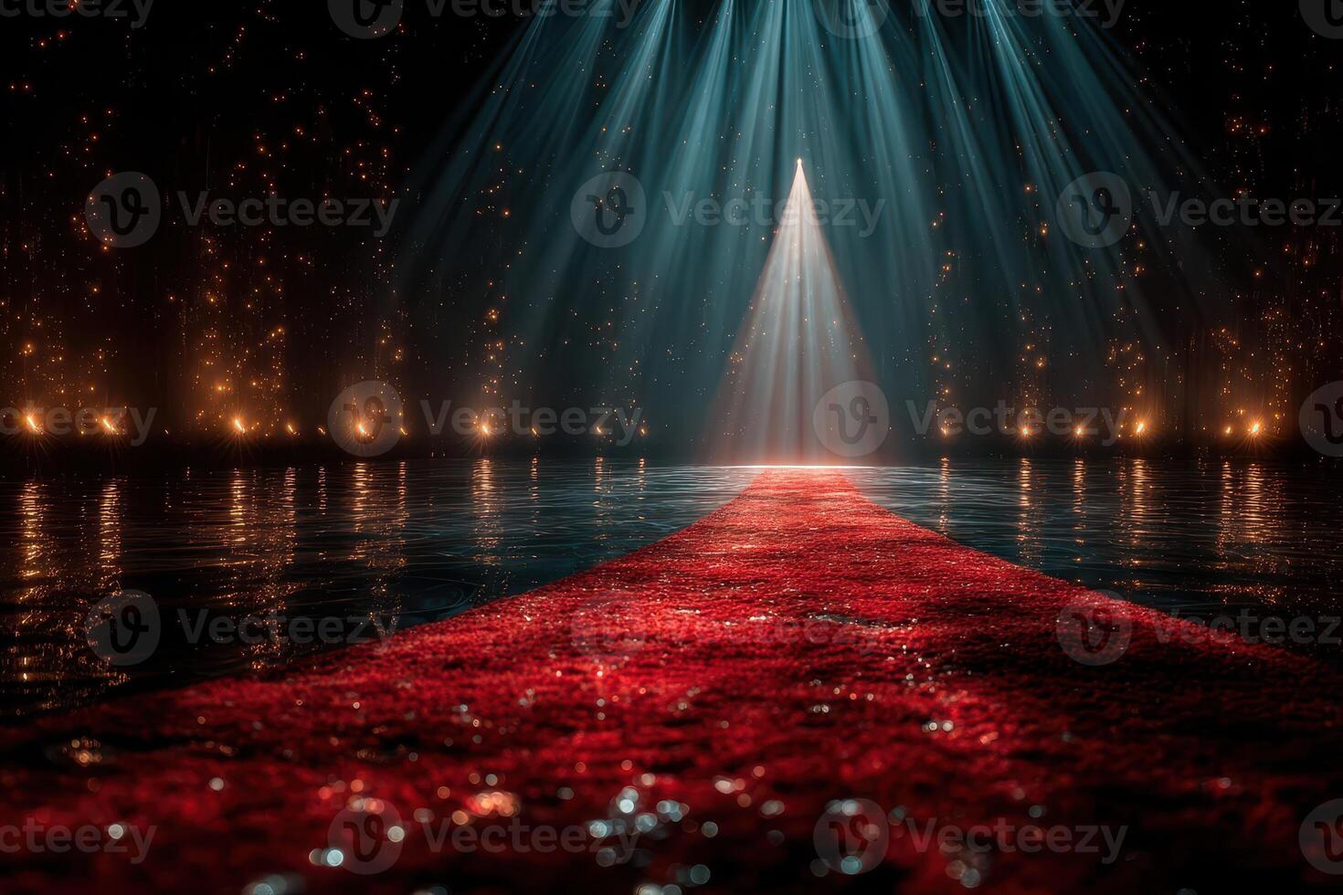 Red carpet leading to a spotlight in a dark venue with shimmering reflections on the floor during an evening event photo