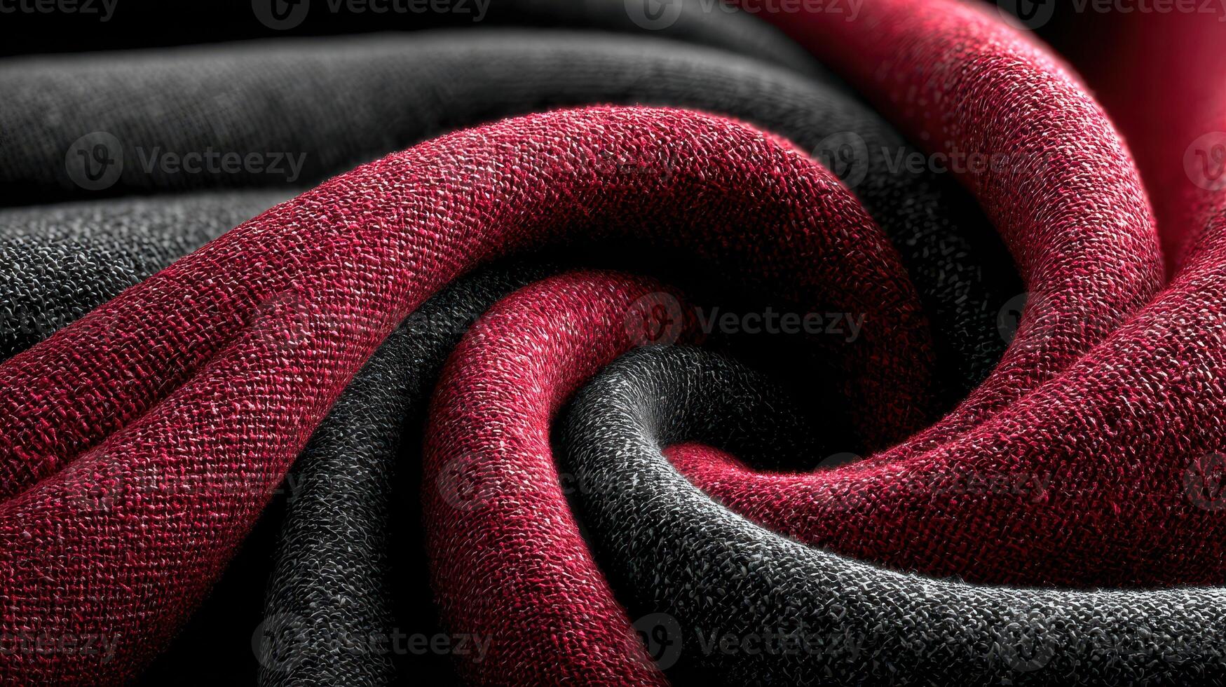 Textured fabric weave showcasing deep red and black colors in a smooth spiral form for creative design inspiration photo
