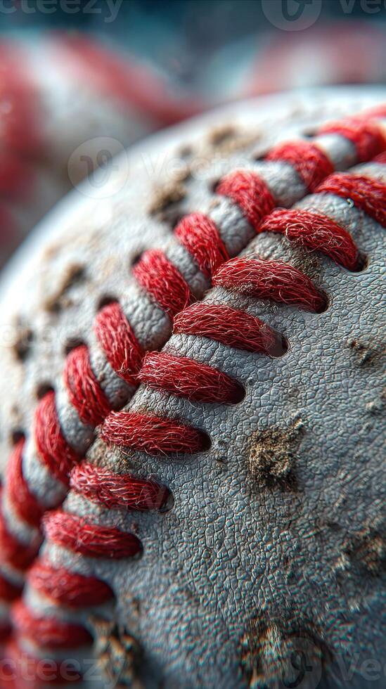 Detailed close-up of weathered baseball showcasing intricate stitching and texture in an outdoor field setting photo