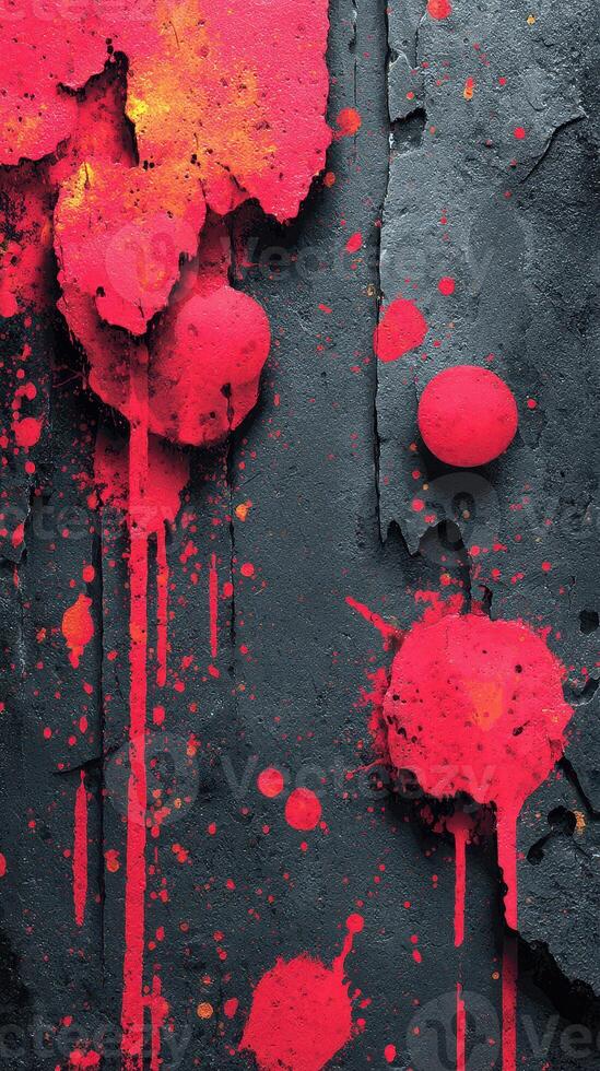 Vibrant red paint splatter on textured black wall showcasing raw artistic expression photo