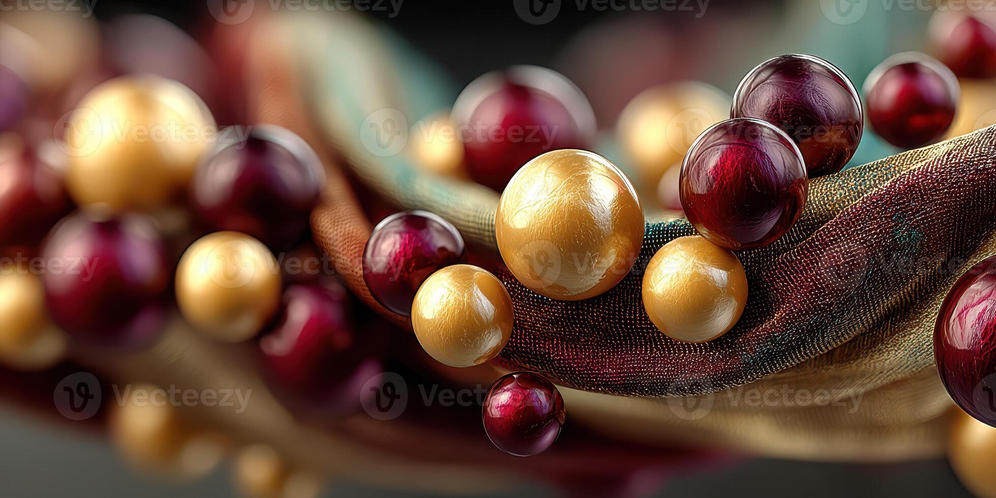 Colorful arrangement of beads on a textured fabric showcasing elegance and creativity in decorative design photo
