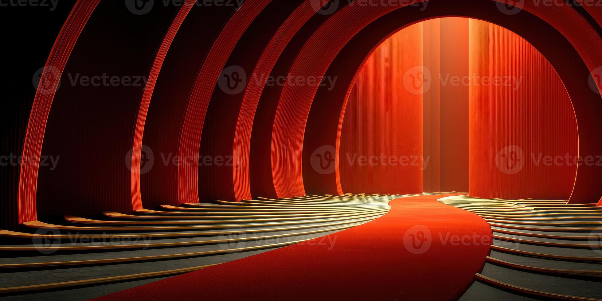 Elegant red archway leading to a dramatic entrance in a modern venue at twilight photo