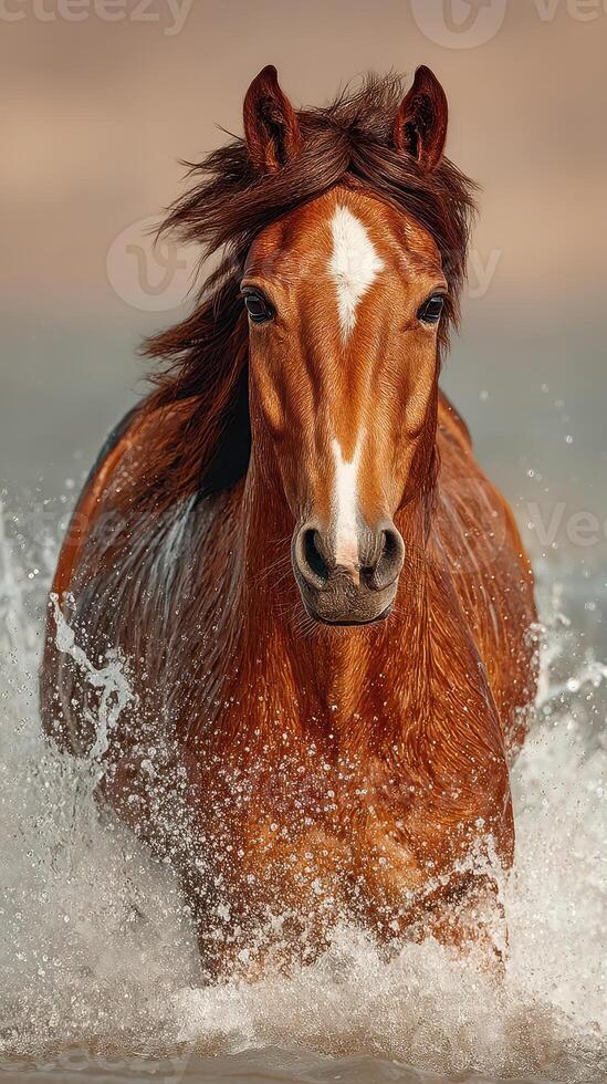 Horse running powerfully through water during sunset at the beach with splashes all around photo