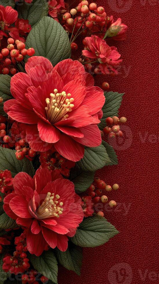 Vibrant red flowers display intricate details against a textured backdrop creating a striking visual composition photo