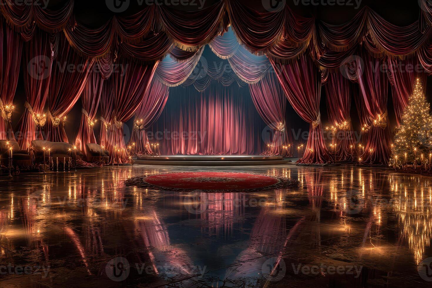Elegant theater stage with red curtains and festive decorations during a holiday performance evening photo