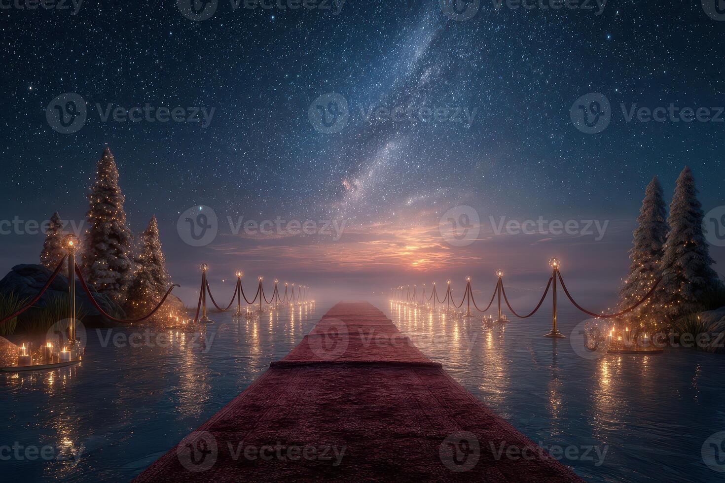 Nighttime scene of a red carpet pathway leading through trees under a starry sky by a serene body of water photo