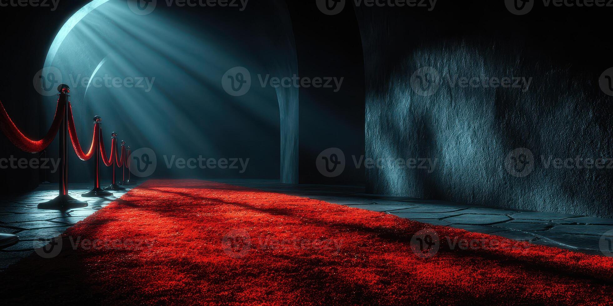 Mystical corridor with red carpet and soft light illuminating the elegant path in a dimly lit hall photo