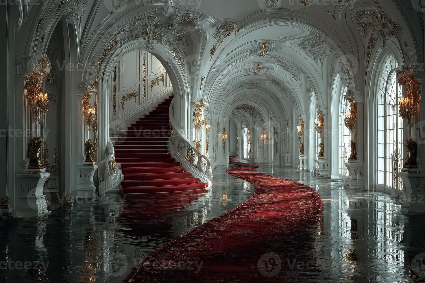 Elegant hallway featuring a grand staircase and red carpet in a luxurious interior setting photo