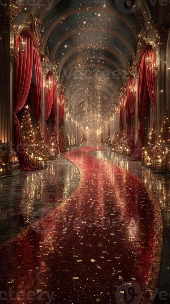 Elegant ballroom adorned with festive decorations and glowing lights during a winter celebration photo