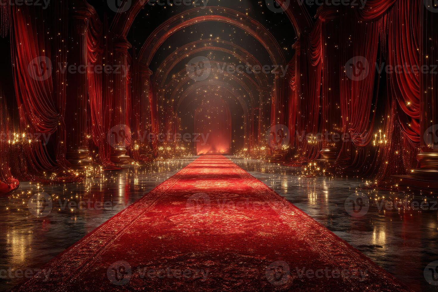 Elegant red carpet hallway adorned with luxurious curtains and glowing lights creates a captivating atmosphere for events photo