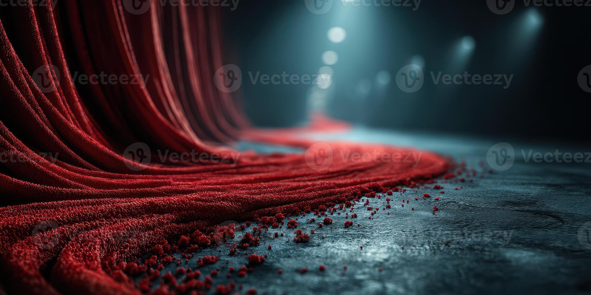 Dramatic red fabric flows across dark space with focused lighting creating an artistic atmosphere photo