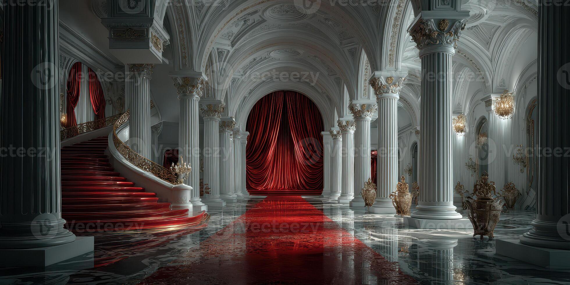 Elegant architectural interior with red carpet, grand staircase, and opulent decor in a lavish ballroom setting photo
