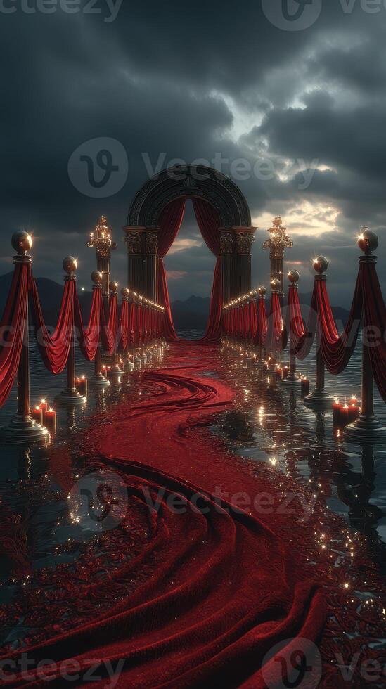 Elegant pathway adorned with red drapes and candles leading to a decorative arch under a moody sky at dusk photo