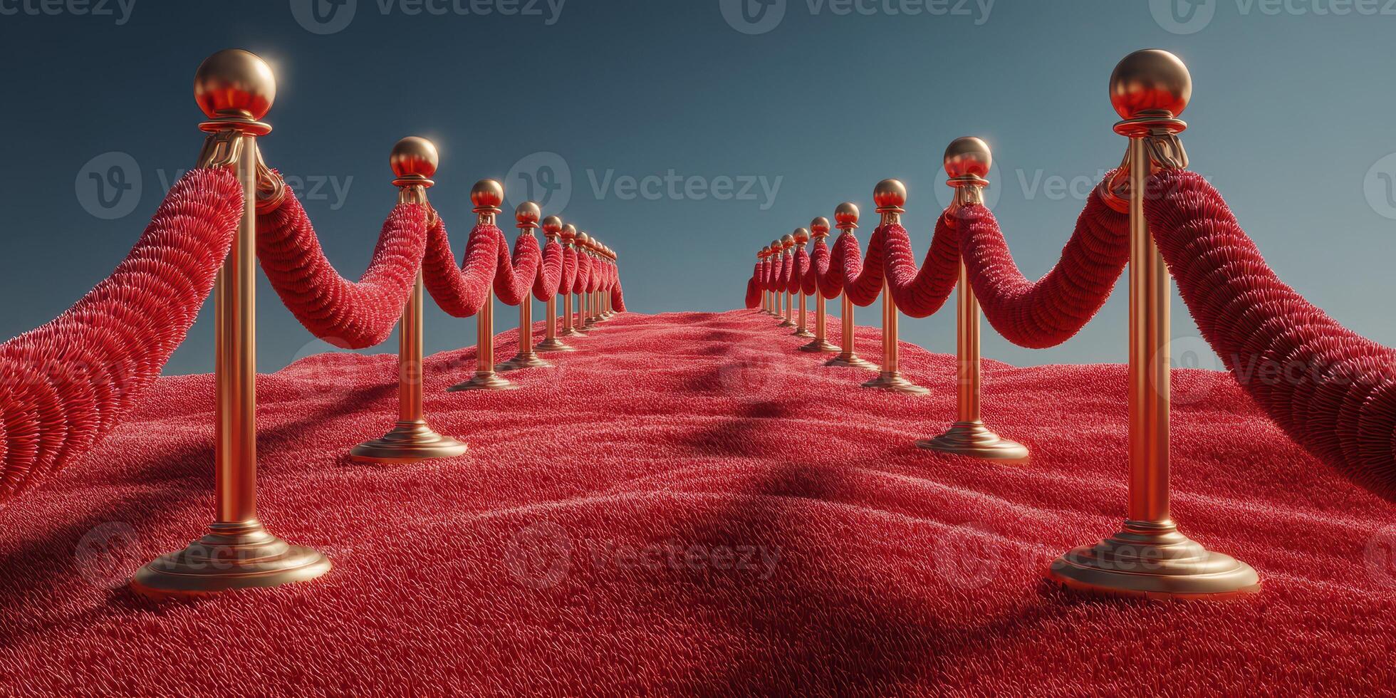 Elegant red carpet lined with classic rope barriers leading to a bright blue sky photo