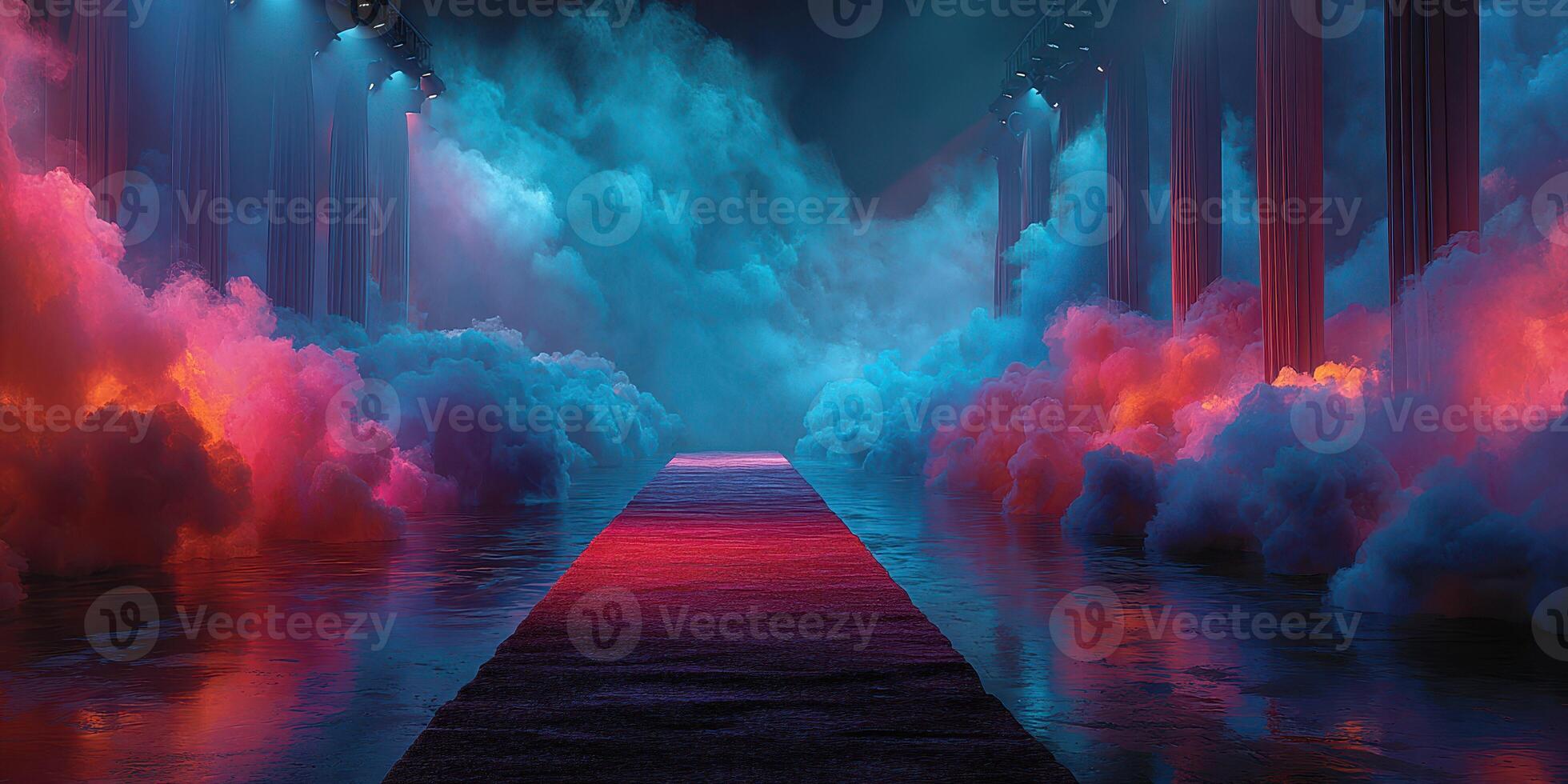 Dramatic lighting and colorful fog create a surreal atmosphere in an empty hallway during a nighttime event photo