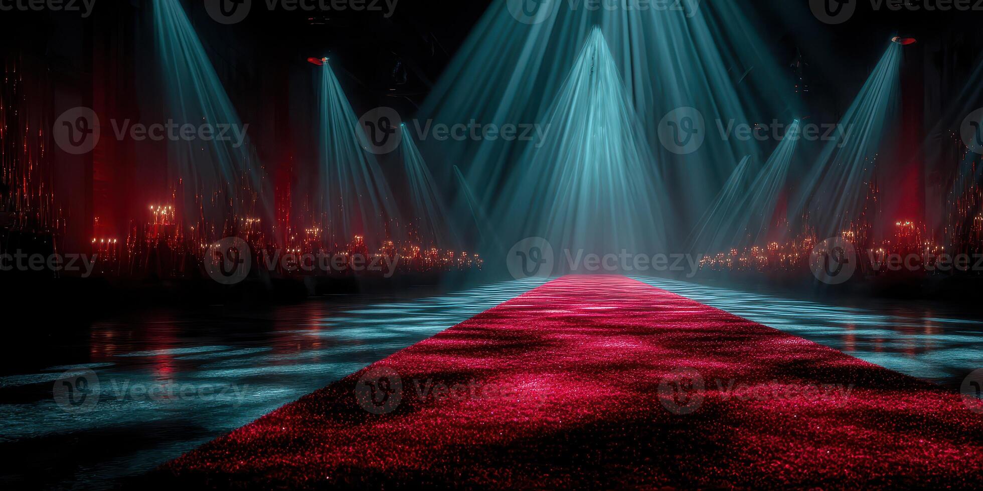 Dramatic runway with vibrant lights and a glossy surface showcasing a fashion event atmosphere in a dimly lit venue photo