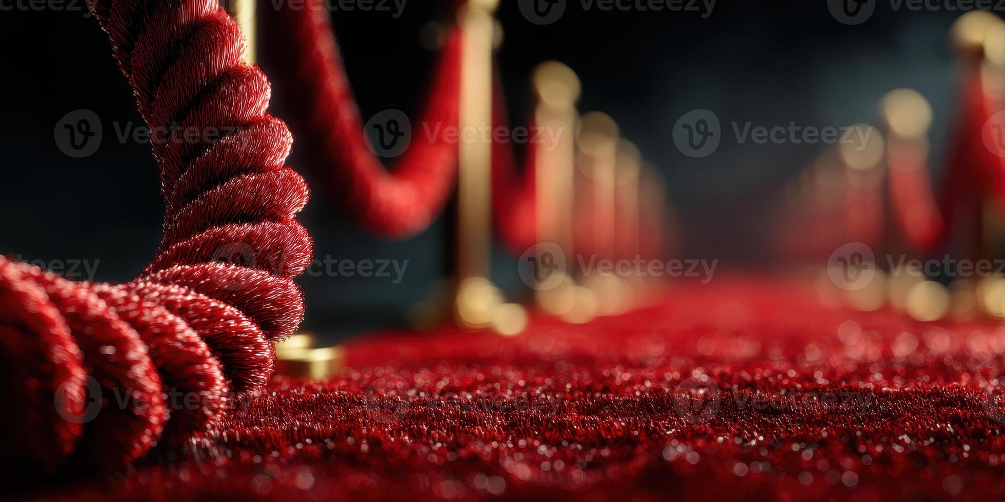 Luxurious red carpet leading to a glamorous event with polished ropes and atmospheric lighting at an evening gathering photo