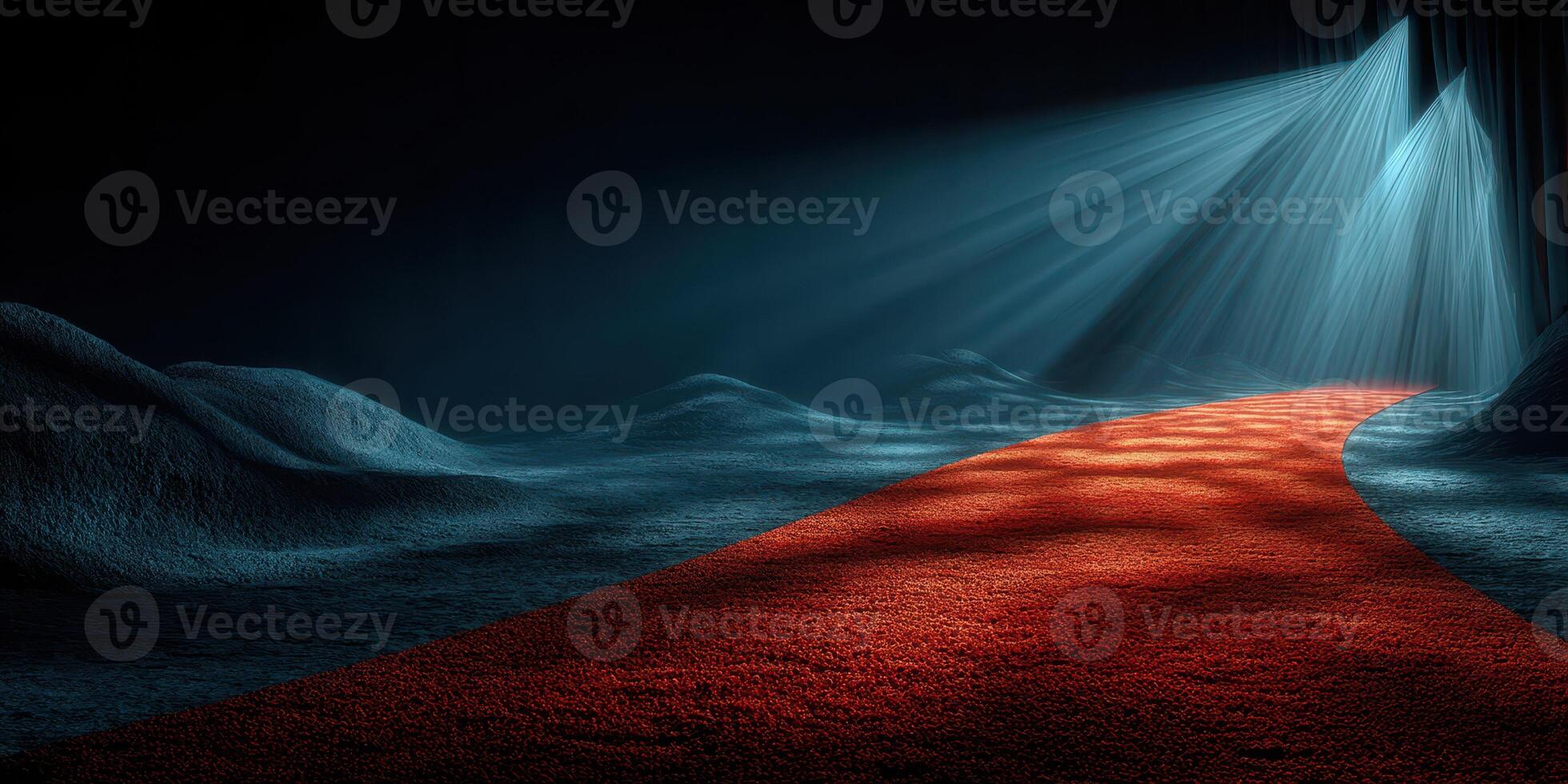 Red carpet leading towards illuminated stage in a dark, mysterious environment at night photo