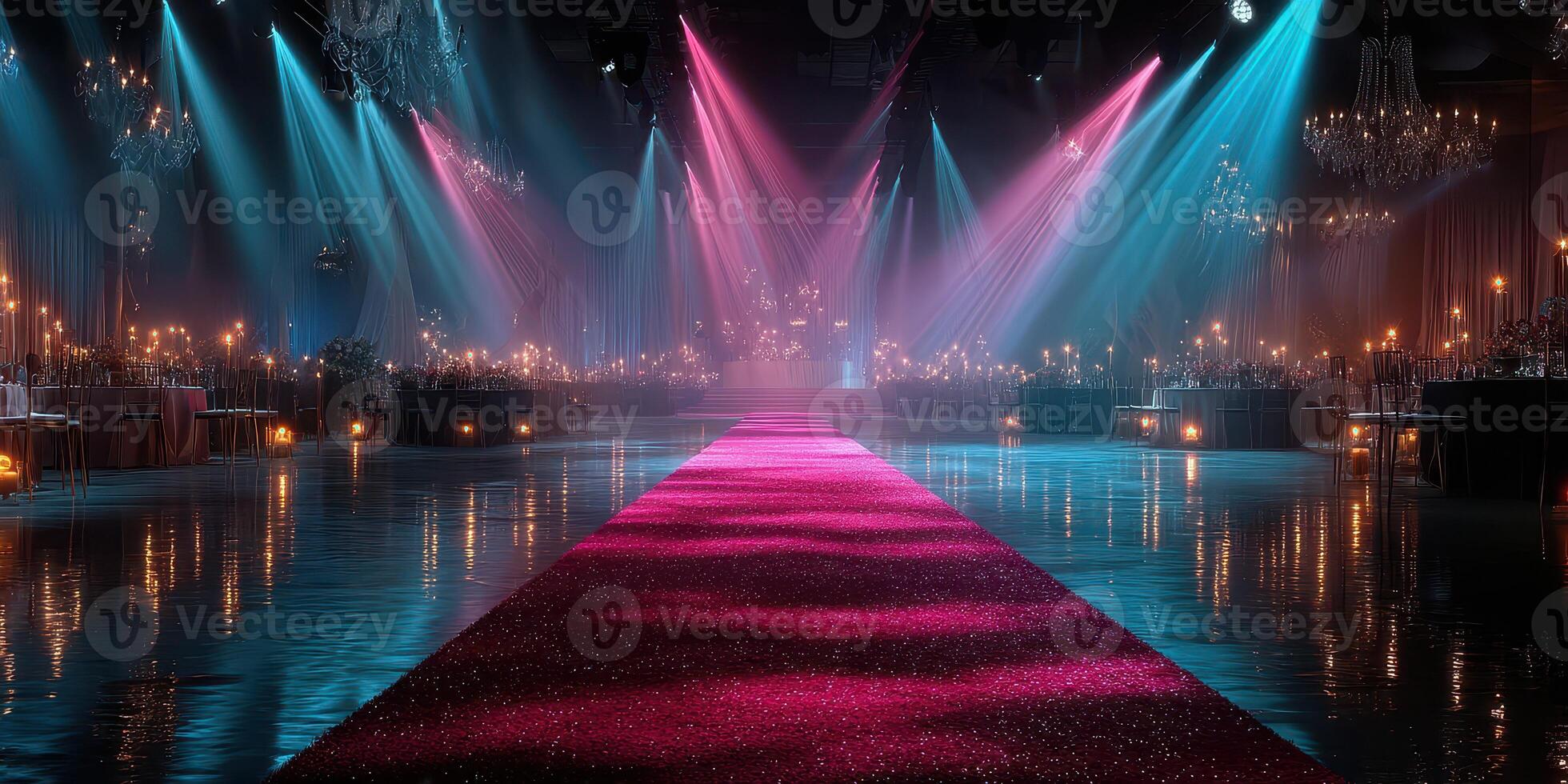 Elegant runway event with vibrant lights and glamorous decorations at a lavish venue in the evening photo
