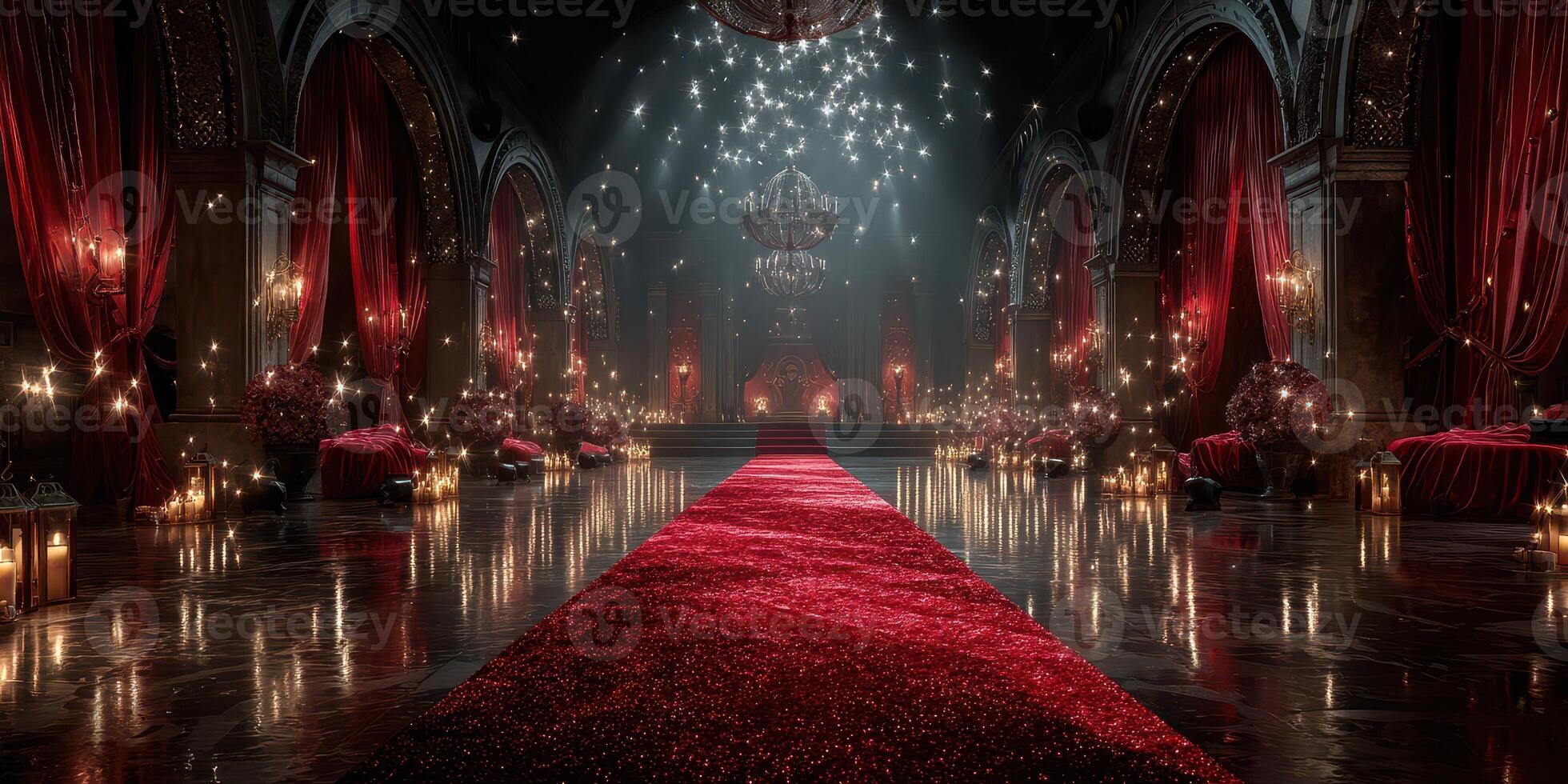 Elegant ballroom adorned with red carpet and sparkling chandeliers during a grand evening event photo