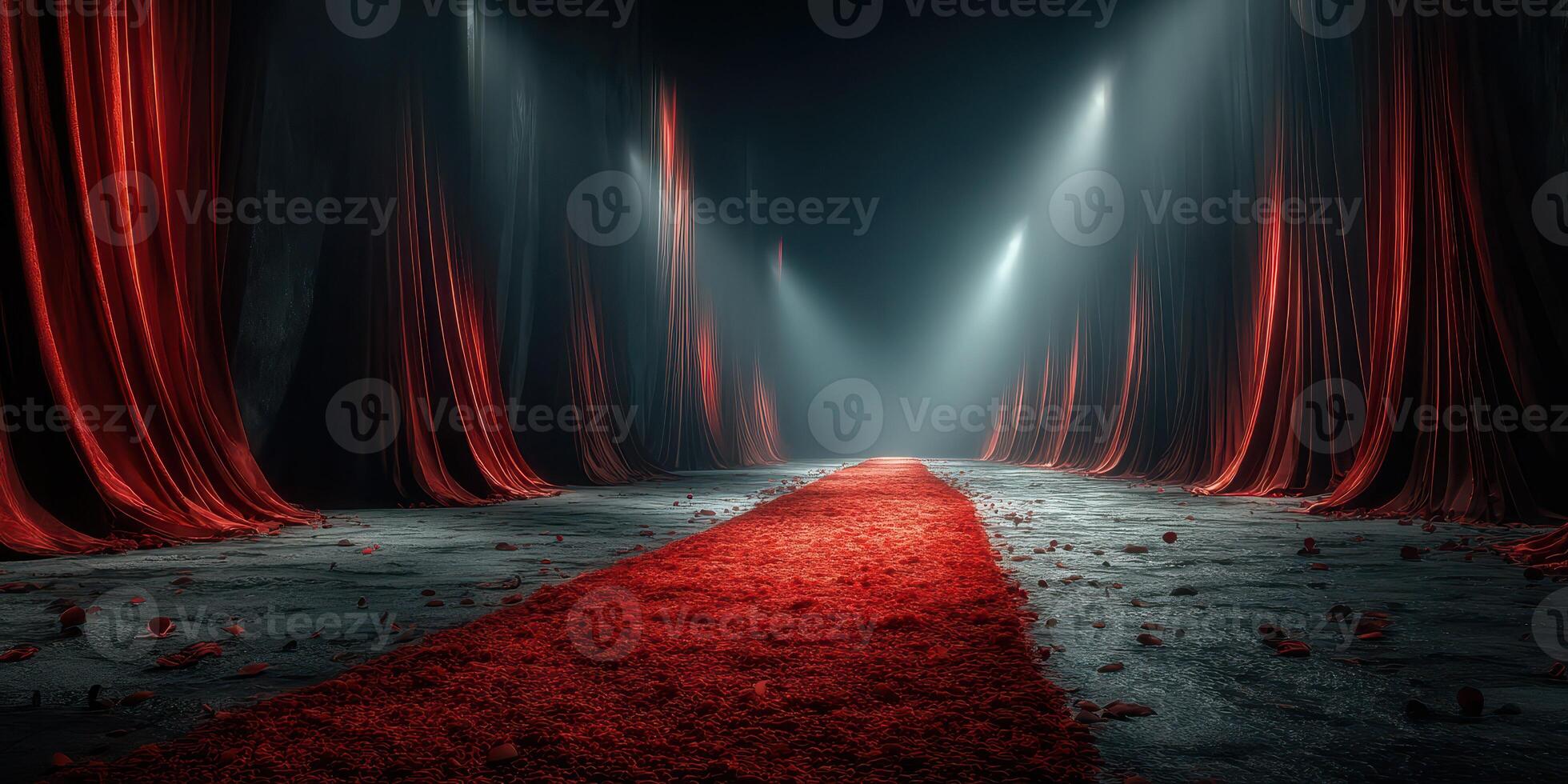 Red carpet pathway illuminated by dramatic lighting in an elegant indoor setting during a special event photo