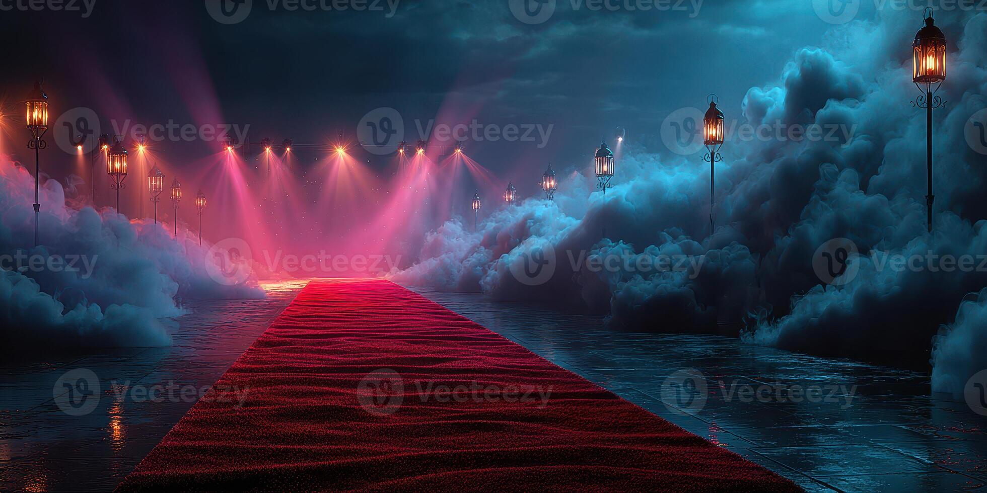 Dramatic red carpet leading to a brightly lit stage surrounded by fog and lampposts at night photo