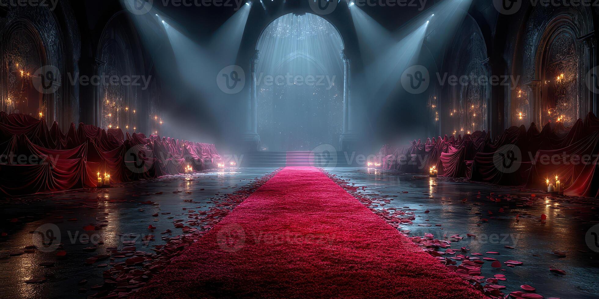 Enchanting grand hall decorated with red carpet and rose petals for a magical evening event photo