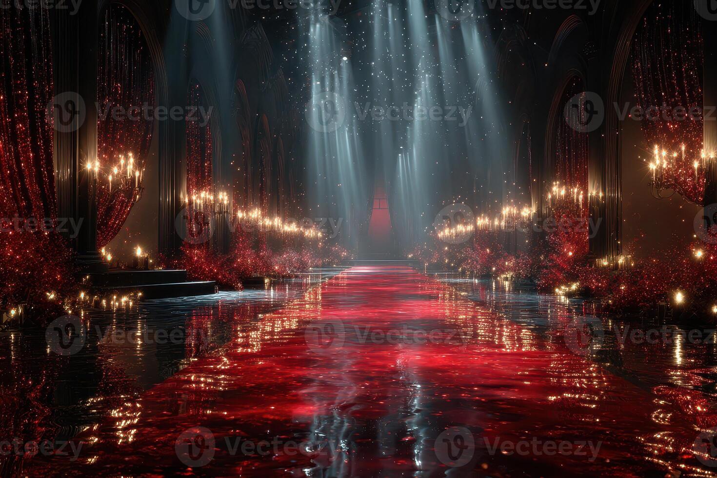 Elegant red-lit corridor adorned with candelabras creates a dramatic atmosphere for a grand event at night photo