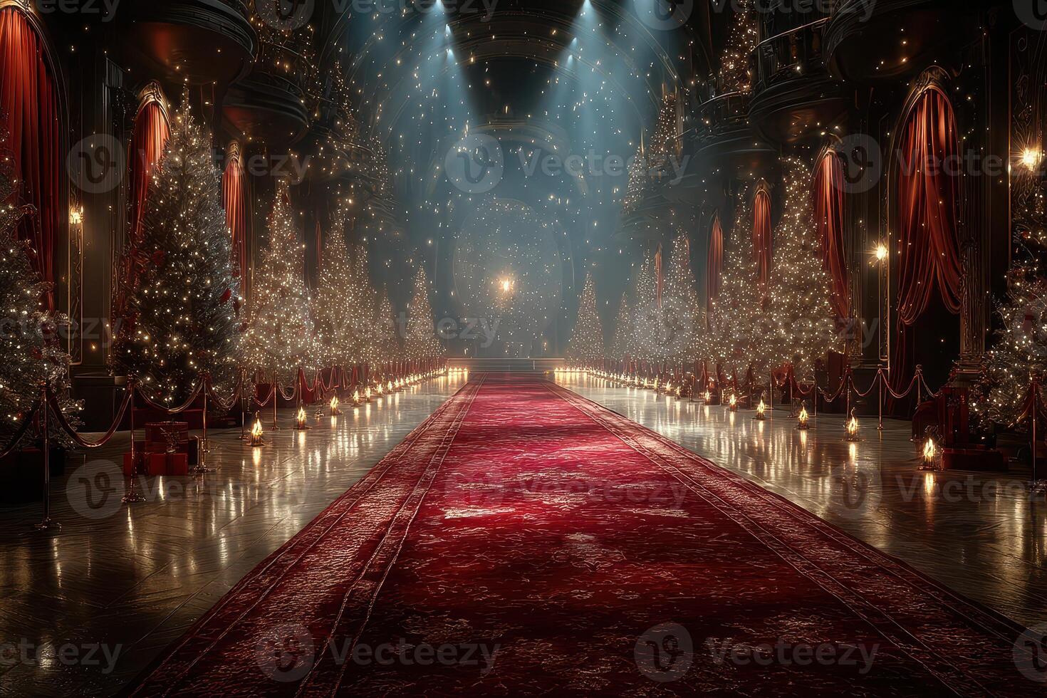 Grand holiday celebration hall decorated with festive lights and Christmas trees during evening hours photo