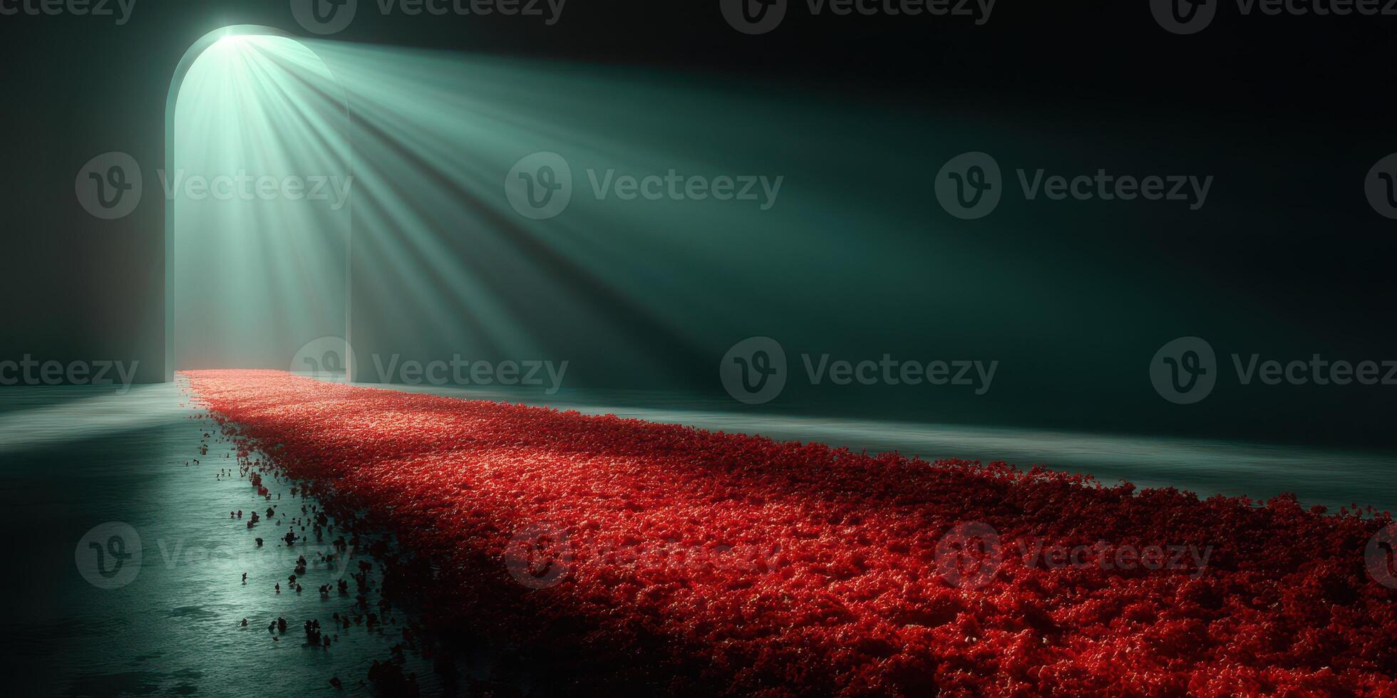 Unveiling a mysterious pathway illuminated by beams of light with a striking red carpet leading towards an open door photo