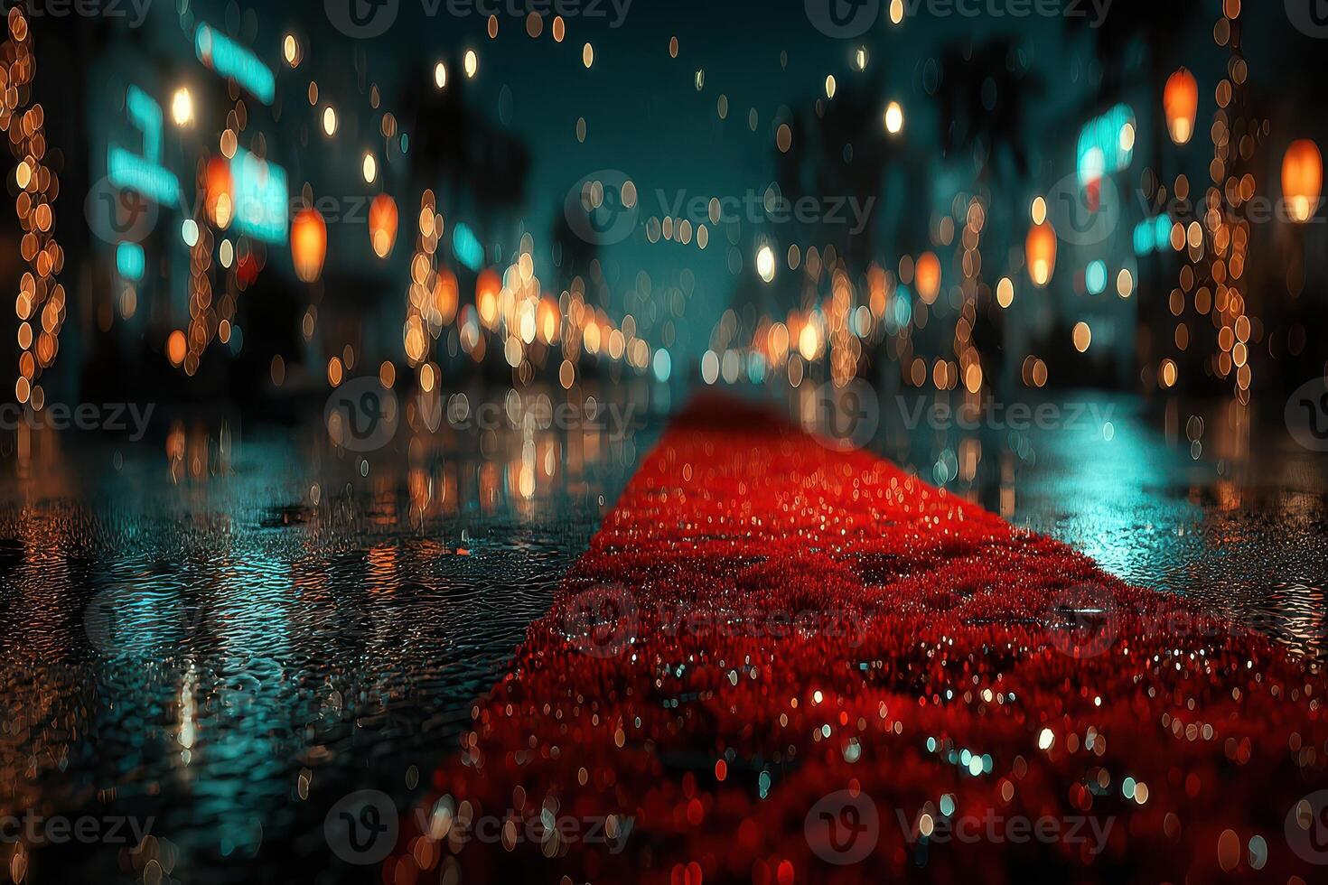 Evening lights illuminate a wet red carpet lined with decorations at a festive event in a bustling city photo