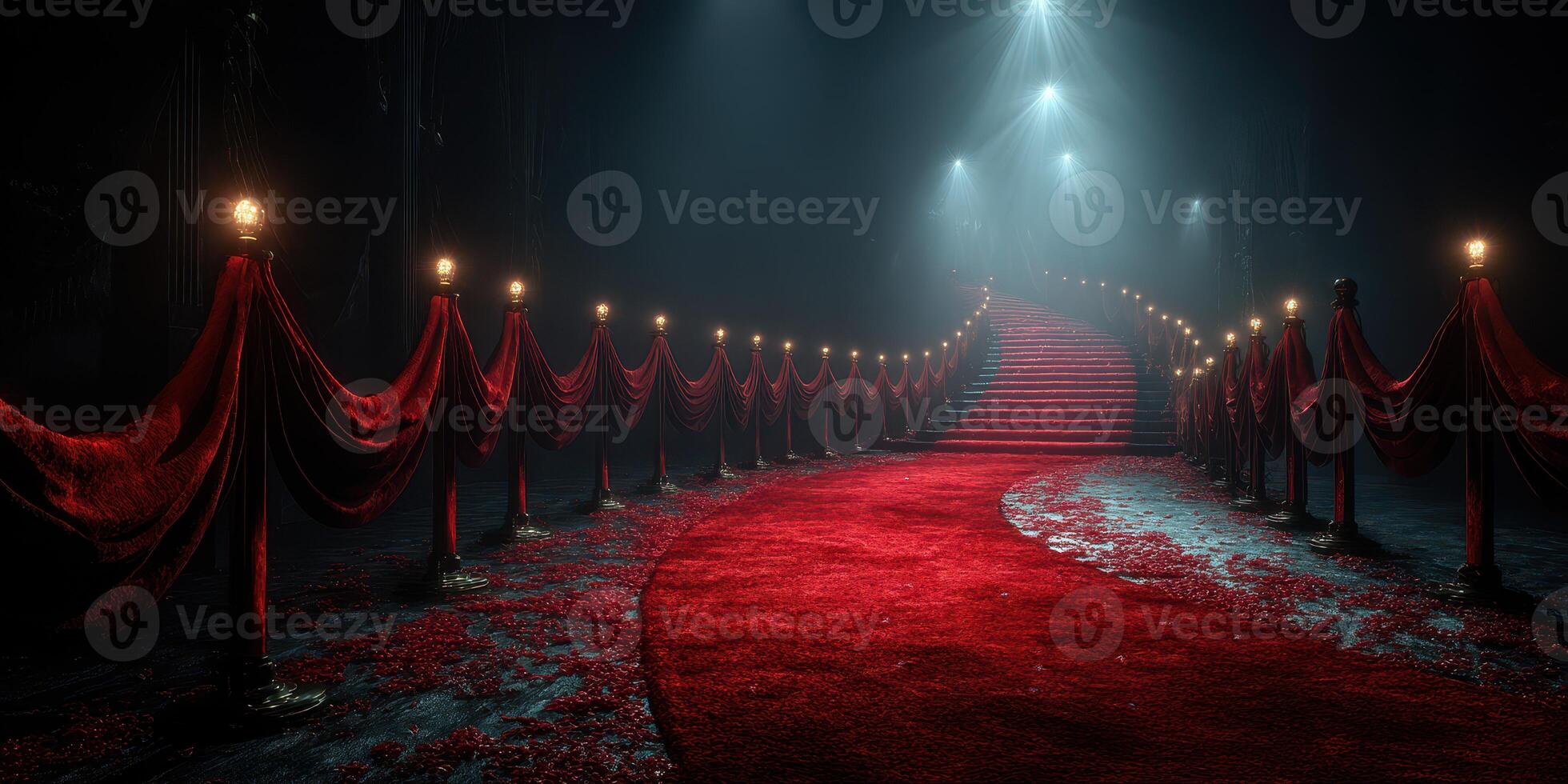 Elegant red carpet leading to grand staircase in a dimly lit venue during an evening gala event photo