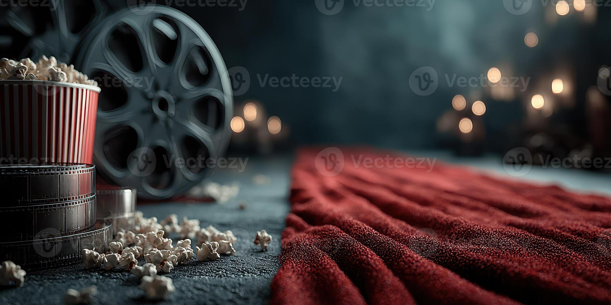Classic cinema setup with popcorn and film reels in a dimly lit setting for a cozy movie night photo