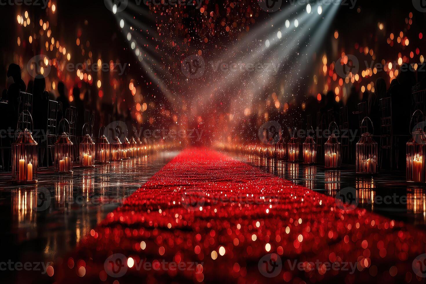 Elegant red carpet event with glowing candles and dramatic lighting in a glamorous setting photo