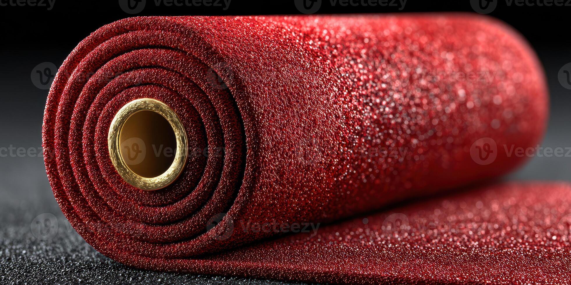 Shimmering red fabric roll captured close up with glittering texture on a textured surface photo