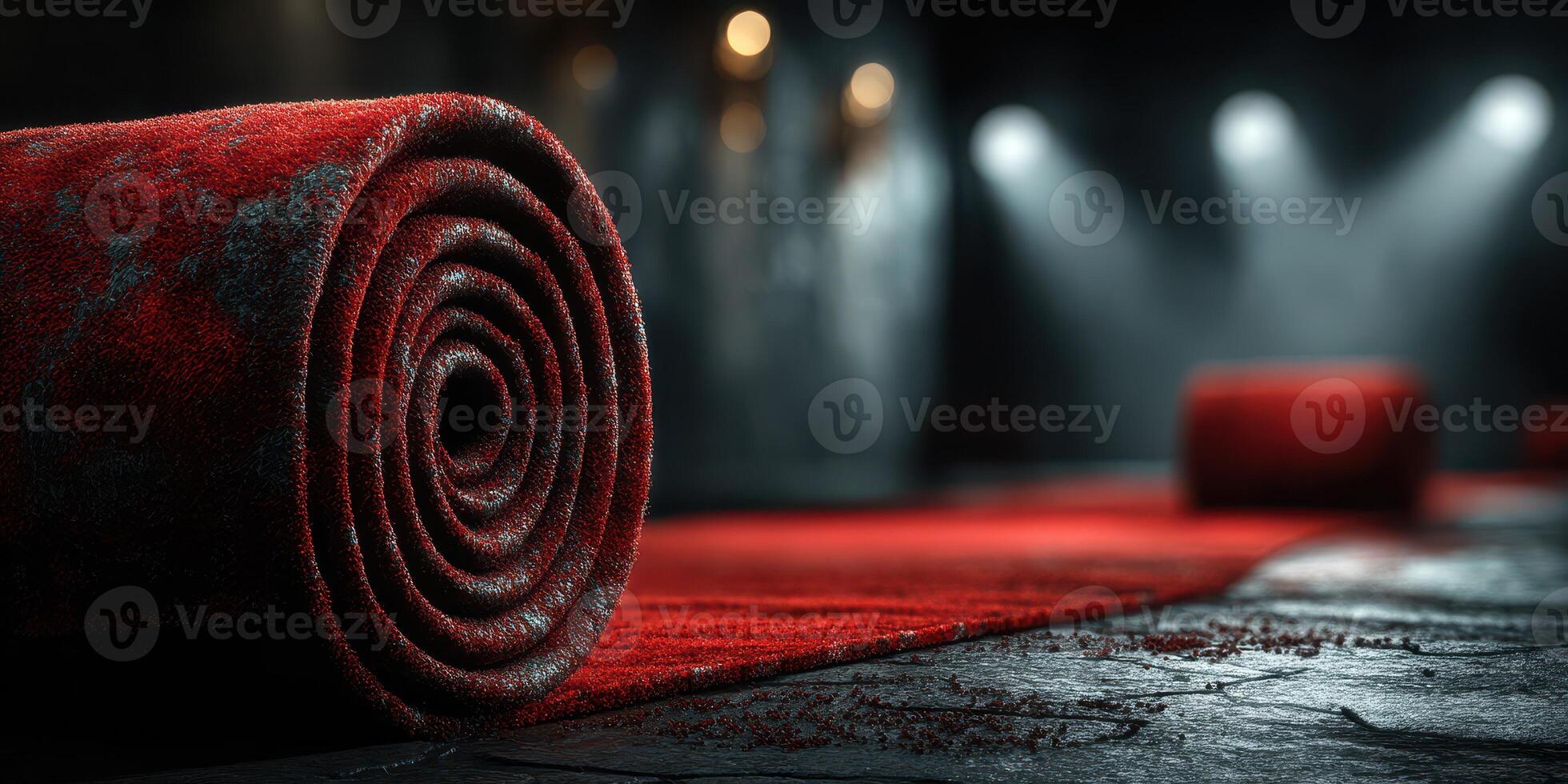 Darkened hallway with rolled red carpet during evening event preparation in a stylish venue photo