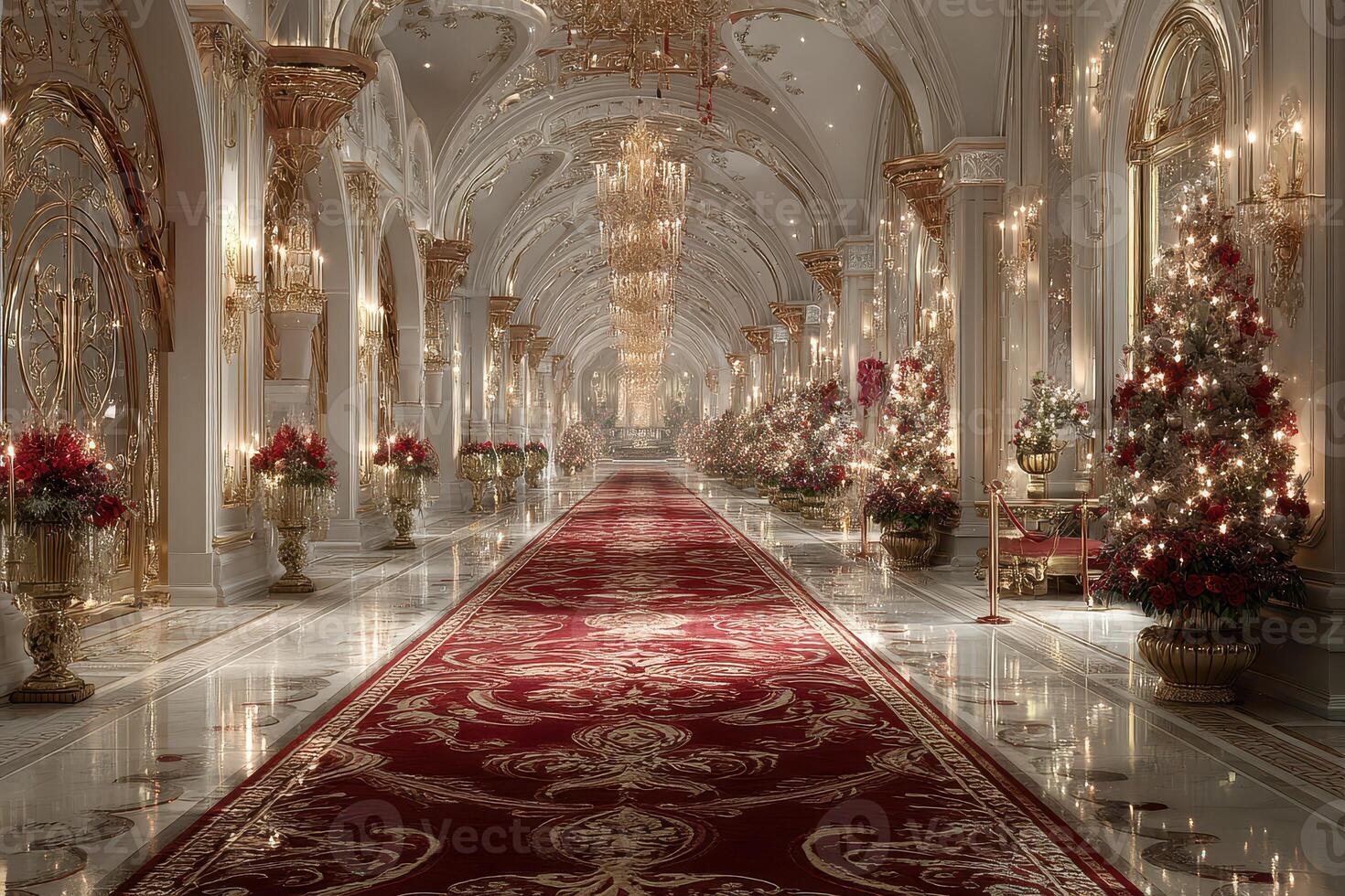 Elegant hallway decorated for the winter season with festive lights and Christmas trees photo
