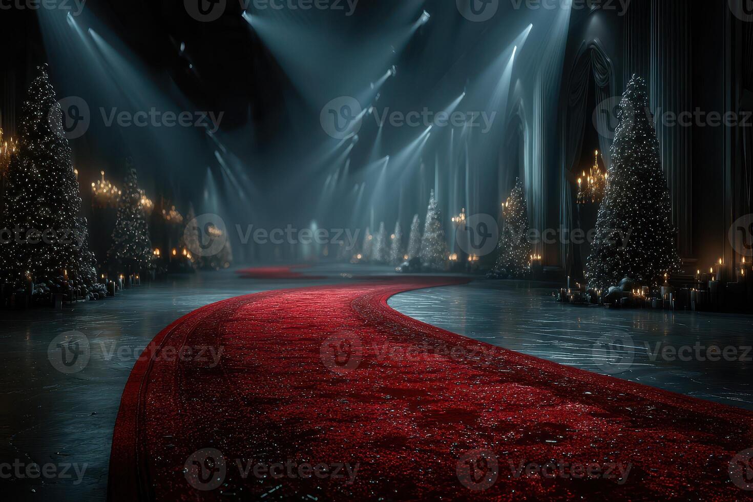 Elegant hallway adorned with festive trees and a red carpet for a winter celebration at night photo